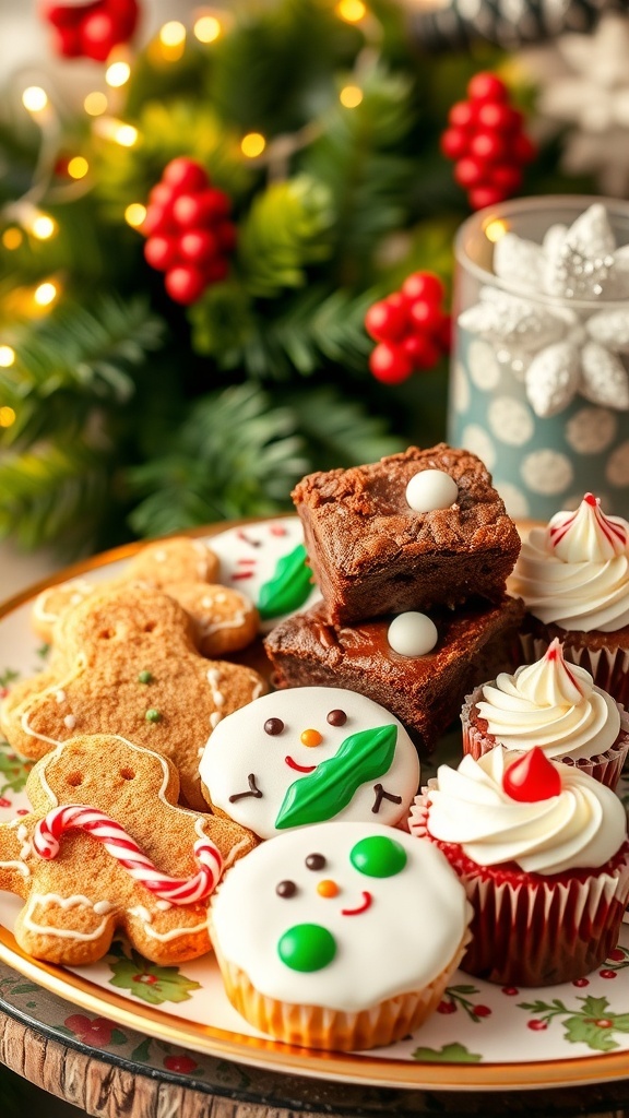 A variety of Christmas baked goods including gingerbread cookies, brownies, and cupcakes on a festive platter.